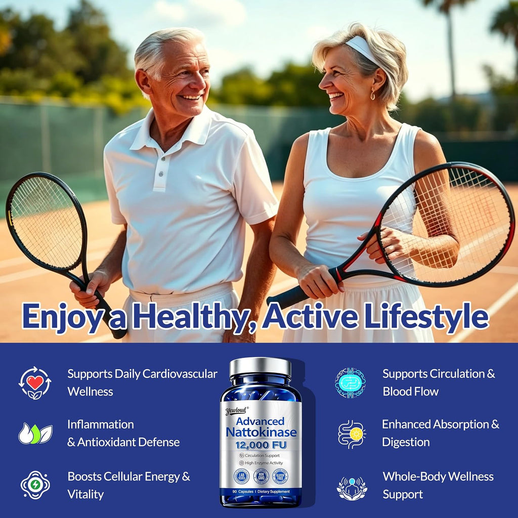 Yewloud® Ultimate Nattokinase 12,000FU Serrapeptase 360,000 SPU Lumbrokinase 10,000 FUV Triple Enzyme Supplement - Nattokinase Supplement for Cardiovascular and Circulatory Support, Gluten Free, 90 Capsules