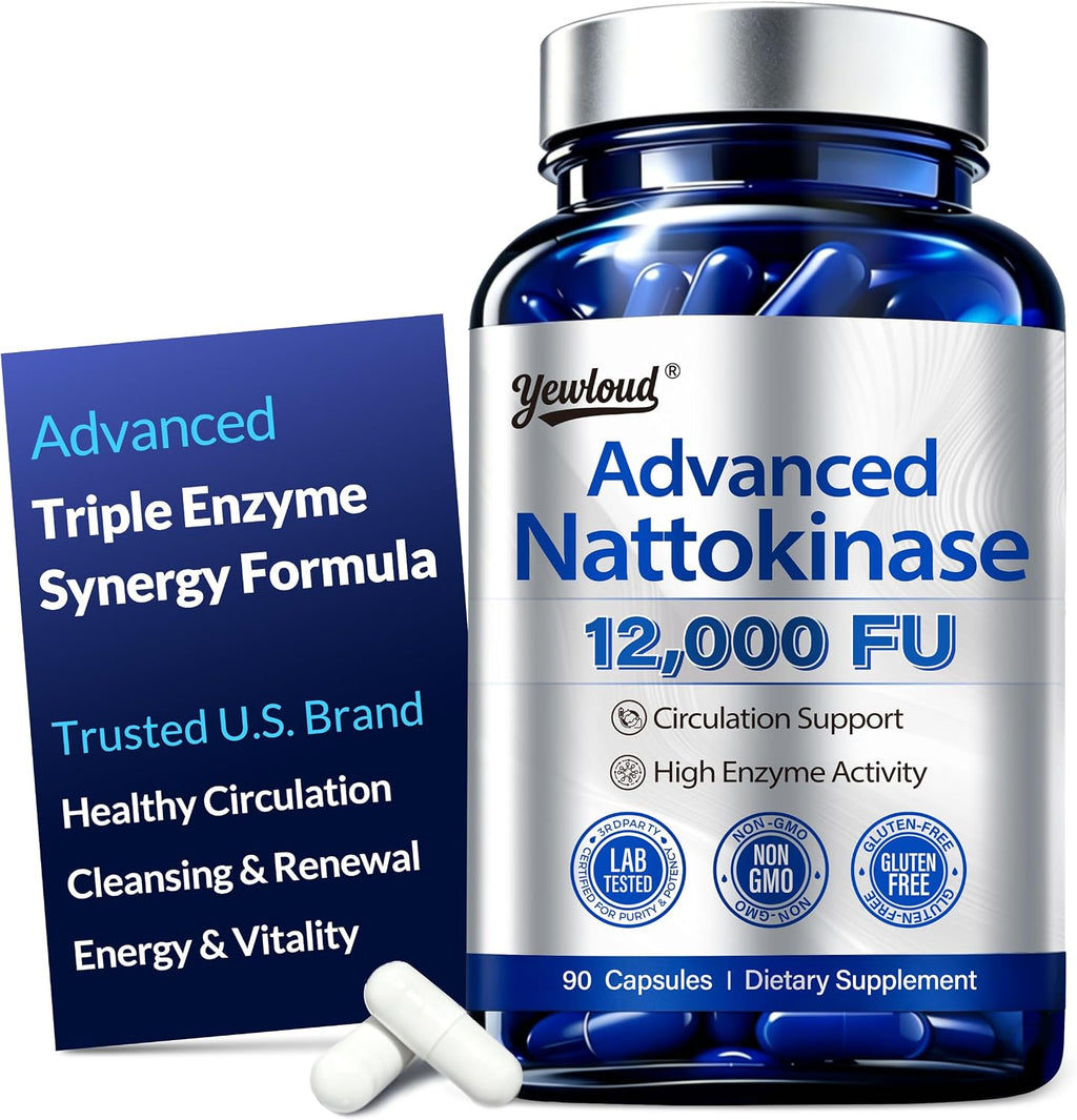 Yewloud® Ultimate Nattokinase 12,000FU Serrapeptase 360,000 SPU Lumbrokinase 10,000 FUV Triple Enzyme Supplement - Nattokinase Supplement for Cardiovascular and Circulatory Support, Gluten Free, 90 Capsules
