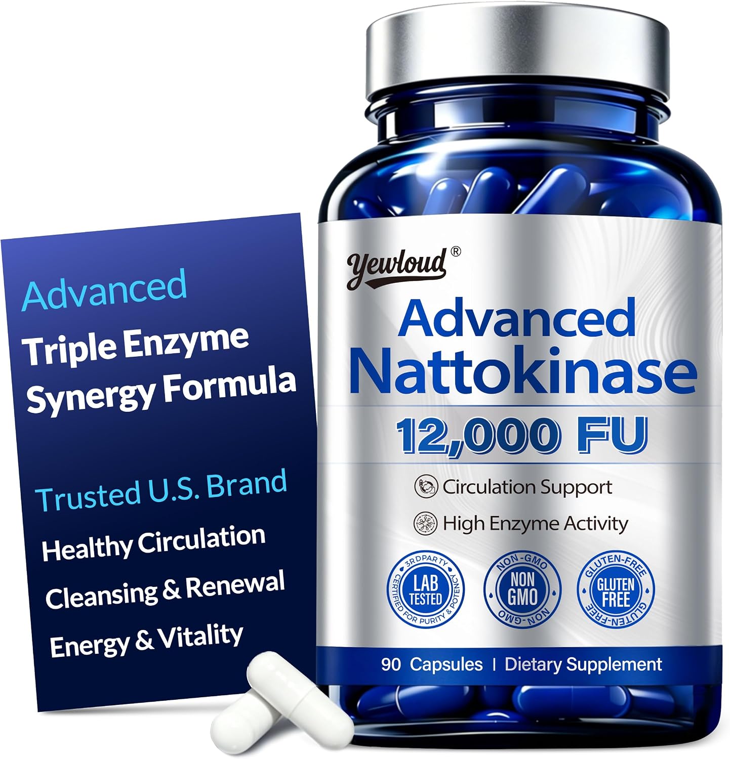 Yewloud® Ultimate Nattokinase 12,000FU Serrapeptase 360,000 SPU Lumbrokinase 10,000 FUV Triple Enzyme Supplement - Nattokinase Supplement for Cardiovascular and Circulatory Support, Gluten Free, 90 Capsules