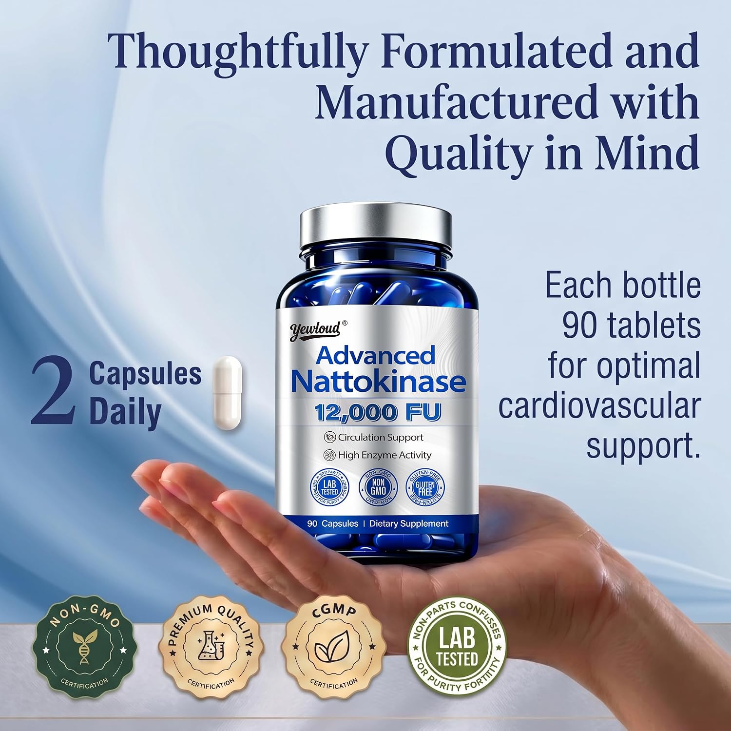 Yewloud® Ultimate Nattokinase 12,000FU Serrapeptase 360,000 SPU Lumbrokinase 10,000 FUV Triple Enzyme Supplement - Nattokinase Supplement for Cardiovascular and Circulatory Support, Gluten Free, 90 Capsules