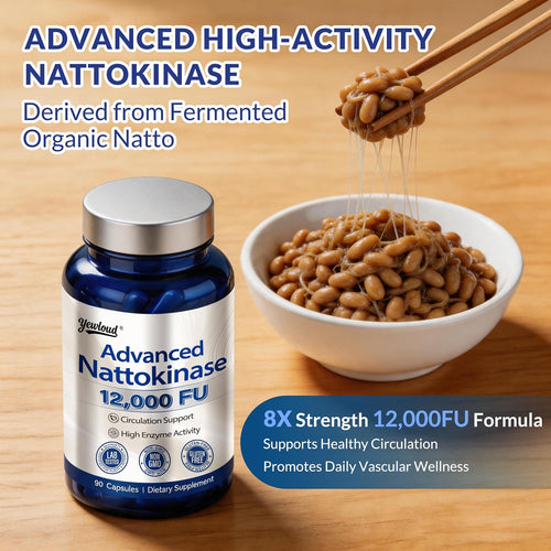 Yewloud® Ultimate Nattokinase 12,000FU Serrapeptase 360,000 SPU Lumbrokinase 10,000 FUV Triple Enzyme Supplement - Nattokinase Supplement for Cardiovascular and Circulatory Support, Gluten Free, 90 Capsules