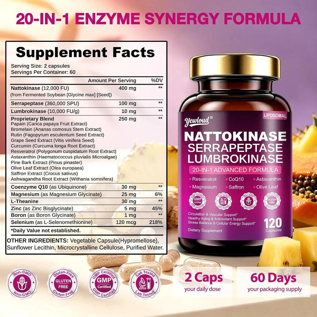 YEWLOUD Nattokinase Supplement 12000FU Serrapeptase Lumbrokinase CoQ10,120 Capsules | Liposomal Nattokinase with Synergistic Enzymes & Nutrient Blend for Circulatory, Cardiovascular, Men & Women, Gluten Free