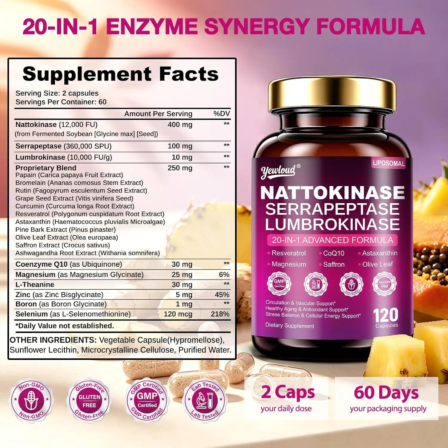 YEWLOUD Nattokinase Supplement 12000FU Serrapeptase Lumbrokinase CoQ10,120 Capsules | Liposomal Nattokinase with Synergistic Enzymes & Nutrient Blend for Circulatory, Cardiovascular, Men & Women, Gluten Free
