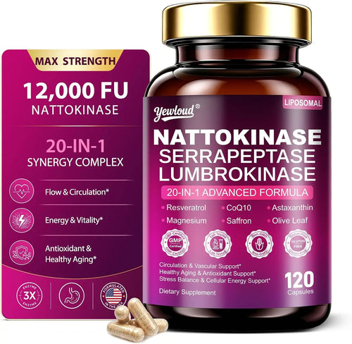 YEWLOUD Nattokinase Supplement 12000FU Serrapeptase Lumbrokinase CoQ10,120 Capsules | Liposomal Nattokinase with Synergistic Enzymes & Nutrient Blend for Circulatory, Cardiovascular, Men & Women, Gluten Free