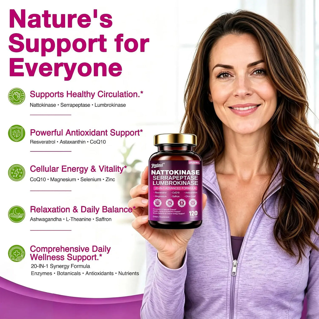 YEWLOUD Nattokinase Supplement 12000FU Serrapeptase Lumbrokinase CoQ10,120 Capsules | Liposomal Nattokinase with Synergistic Enzymes & Nutrient Blend for Circulatory, Cardiovascular, Men & Women, Gluten Free