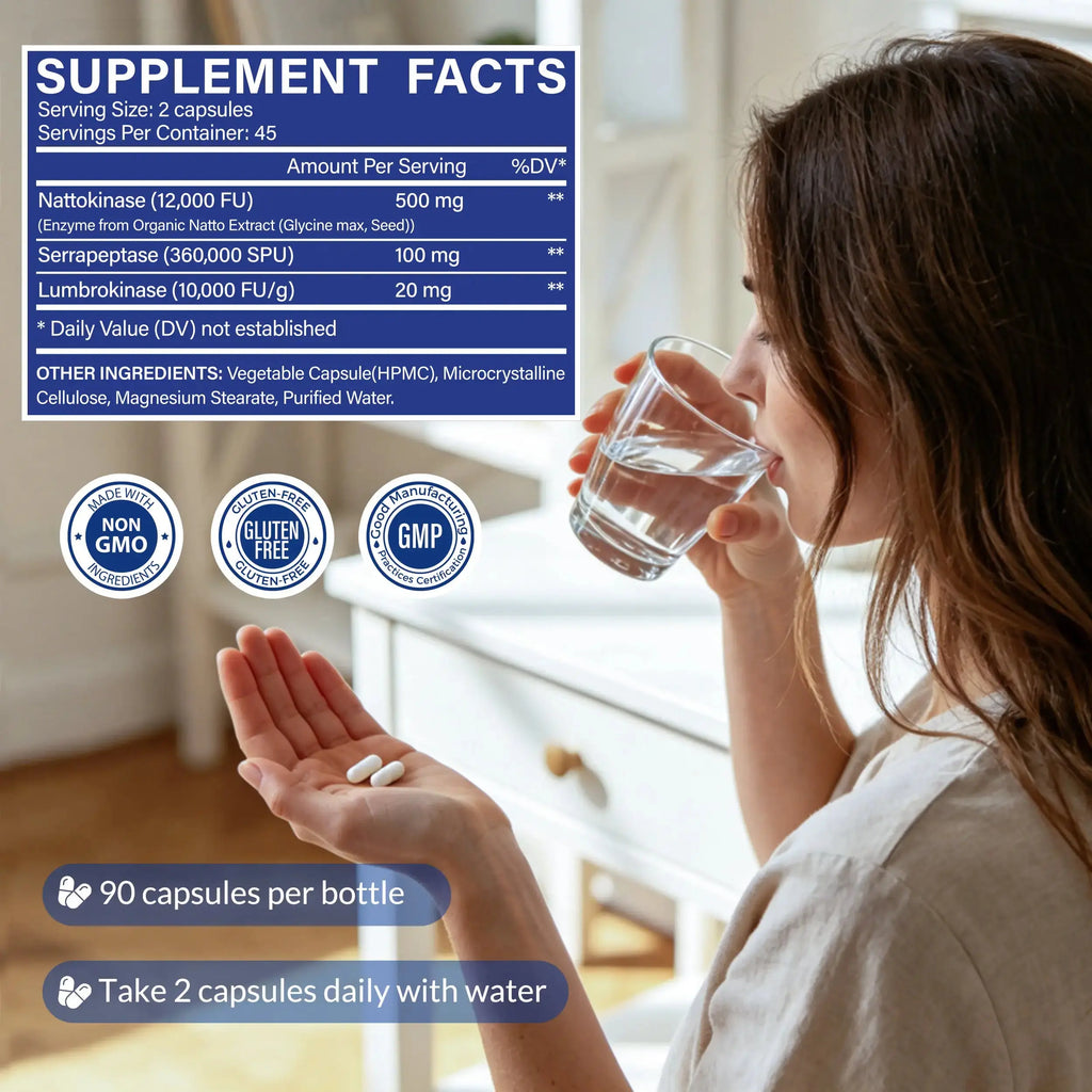 YEWLOUD Ultimate Nattokinase 12,000FU Serrapeptase 360,000 SPU Lumbrokinase 10,000 FUV Triple Enzyme Supplement - Nattokinase Supplement for Cardiovascular and Circulatory Support, Gluten Free, 90 Capsules