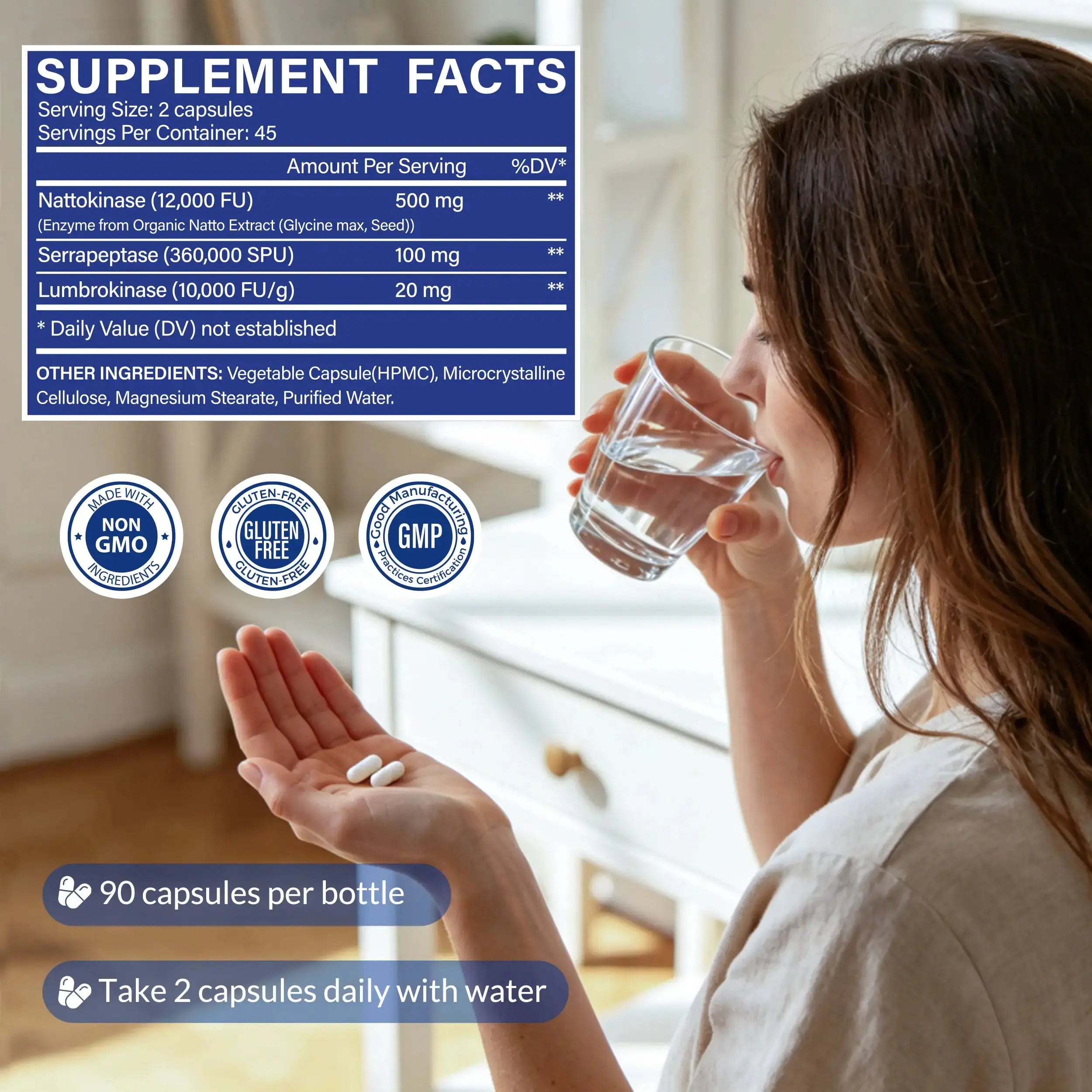 YEWLOUD Ultimate Nattokinase 12,000FU Serrapeptase 360,000 SPU Lumbrokinase 10,000 FUV Triple Enzyme Supplement - Nattokinase Supplement for Cardiovascular and Circulatory Support, Gluten Free, 90 Capsules